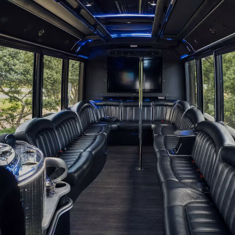 Friends laughing during a Arlington party bus celebration