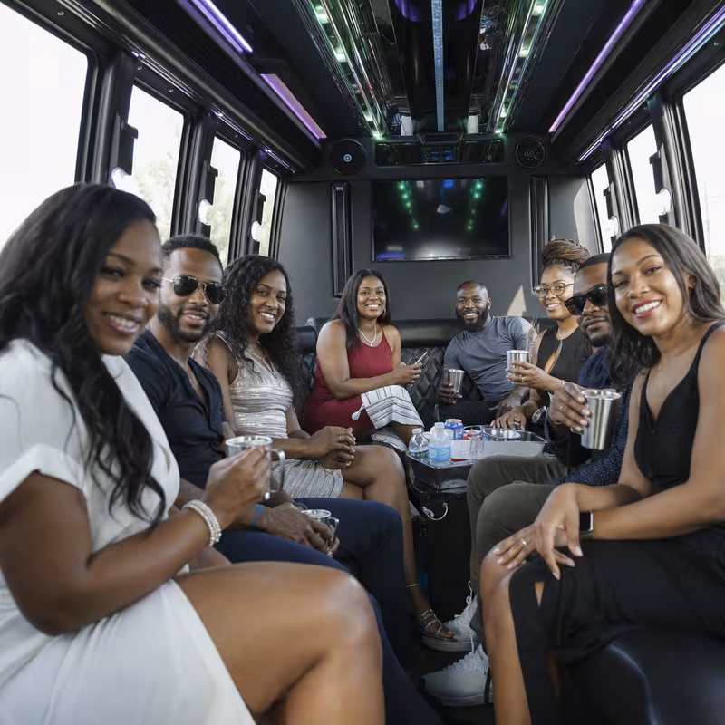 Black Mercedes Sprinter van staged for an Arlington Birthday Transportation group