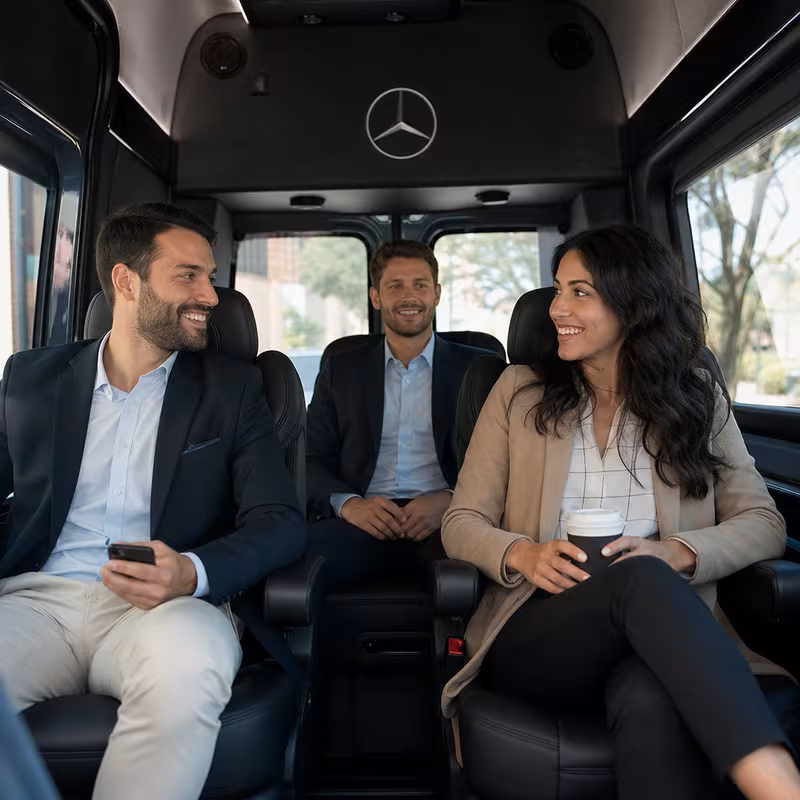 Group boarding a white charter bus for Corporate Transportation transportation in Arlington