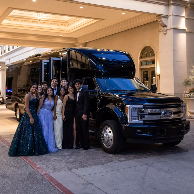 Party bus interior with wraparound leather seating and LED lighting in Arlington